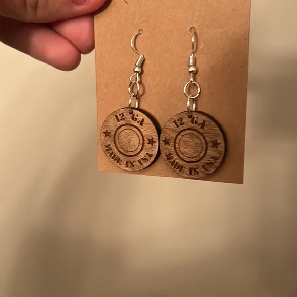 Handmade 12 GA USA Engraved Wooden Dangle Earrings Rustic Western Bullet Style - Picture 5 of 9
